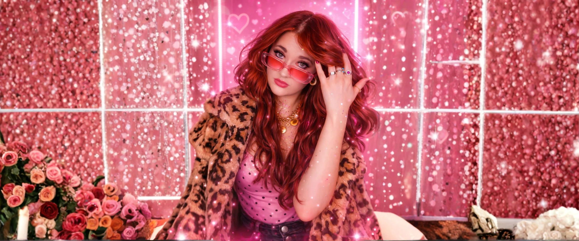 Sydney Lett in pink sunglasses and a leopard-print jacket, against a sparkling pink backdrop